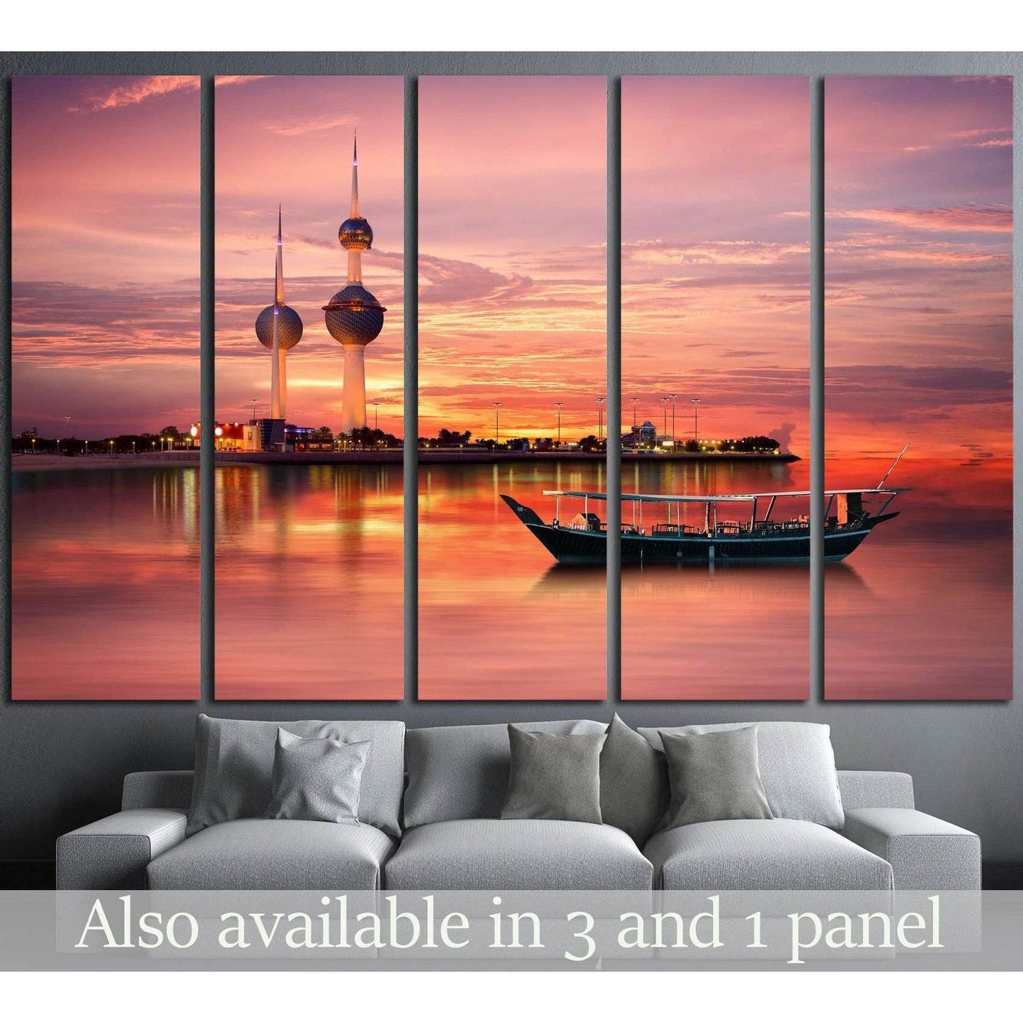 Serene Sunset Over Kuwait Towers Canvas for Office WallsThis canvas print showcases a serene twilight scene with the iconic Kuwait Towers silhouetted against a radiant sunset sky, complemented by a traditional dhow boat on the water's calm surface. This p