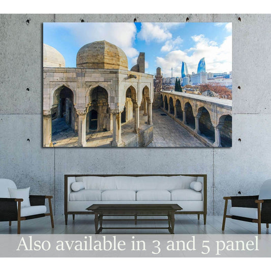Old City in Baku with Flame Towers canvas print displayed above sofa in modern living room