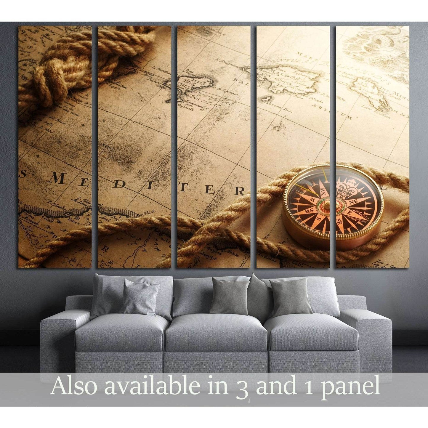 old compass and rope on vintage map №2816 Ready to Hang Canvas Print - Zellart Canvas Prints ALL_Products, s-2816