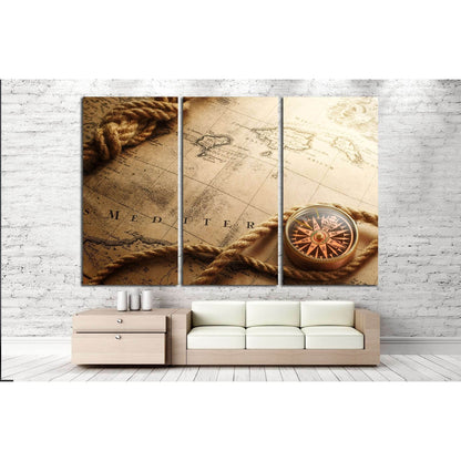 old compass and rope on vintage map №2816 Ready to Hang Canvas Print - Zellart Canvas Prints ALL_Products, s-2816