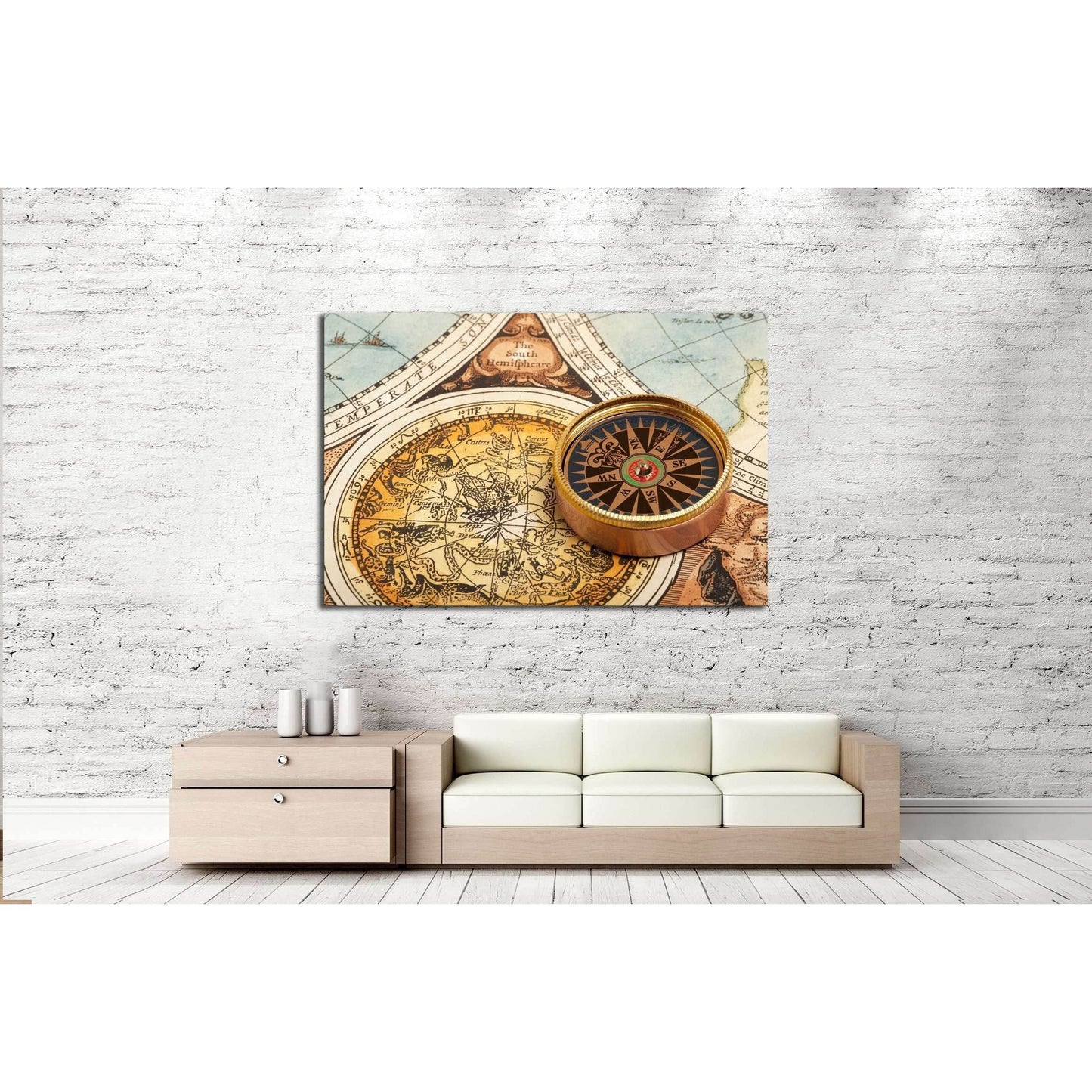 Old compass on vintage retro map №2815 Ready to Hang Canvas Print - Zellart Canvas Prints ALL_Products, s-2815