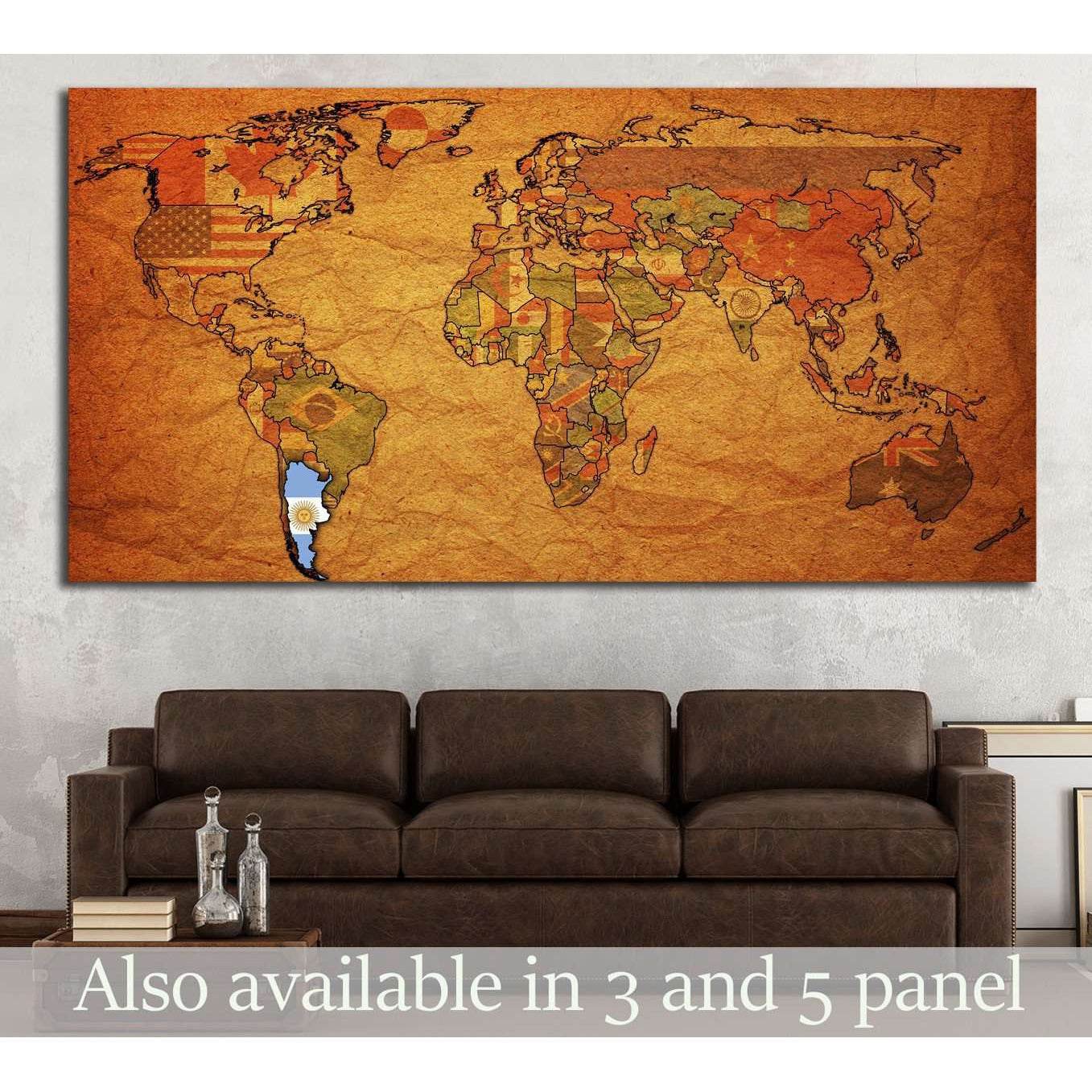 old political map of world with flag of argentina №1321 Ready to Hang Canvas Print - Zellart Canvas Prints ALL_Products, s-1321