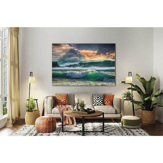 Orange Sunset And Turquoise Waves №SL178 Ready to Hang Canvas Print - Zellart Canvas Prints 0new, ALL_Products, Beach Ocean & Waves
