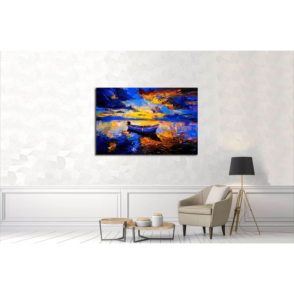 Original oil painting on canvas. Sky sunset and boat on the water №324 ...