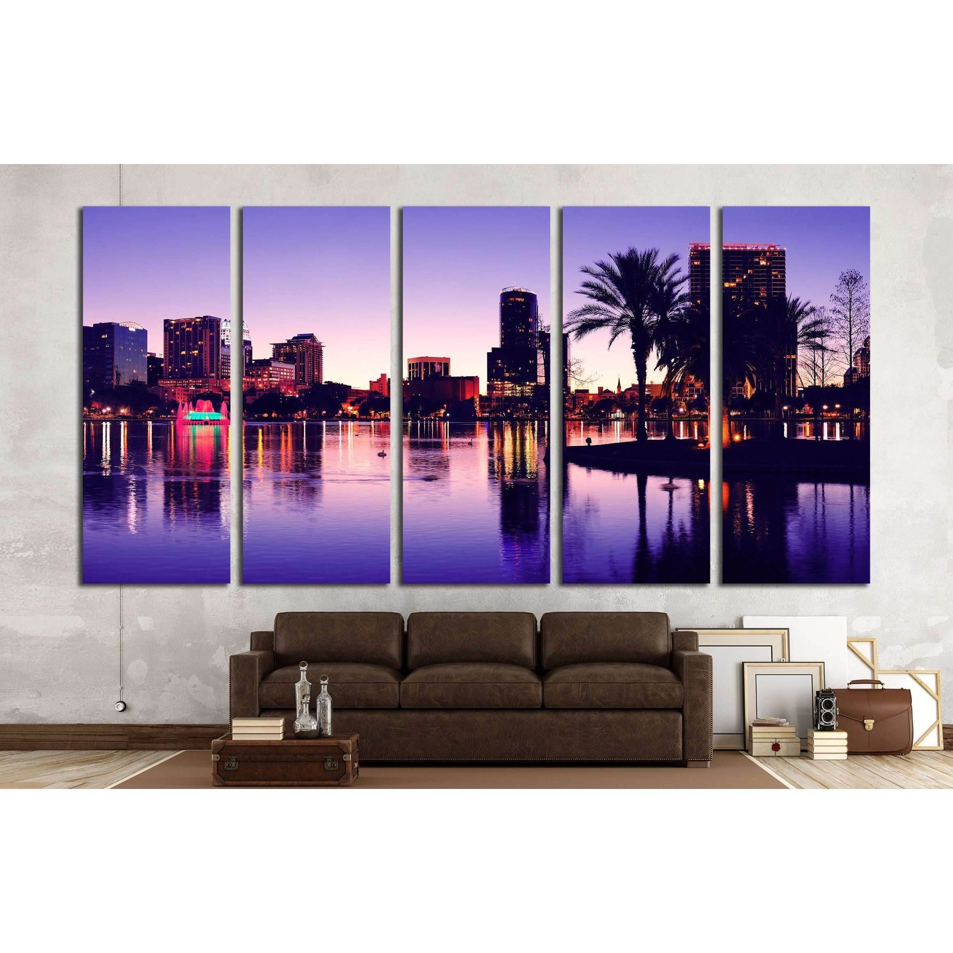 Orlando downtown skyline panorama silhouette over Lake Eola at dusk with urban skyscrapers №1675 Ready to Hang Canvas Print - Zellart Canvas Prints ALL_Products, s-1675