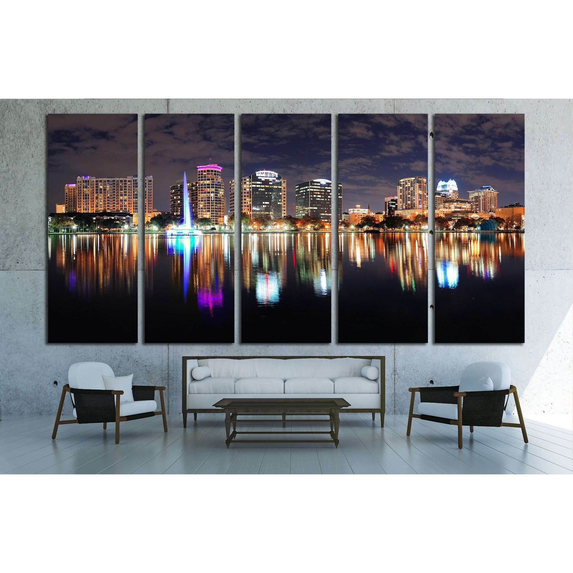 Orlando Lake Eola panorama with office buildings at night №1932 Ready to Hang Canvas PrintCanvas art arrives ready to hang, with hanging accessories included and no additional framing required. Every canvas print is hand-crafted, made on-demand at our wor