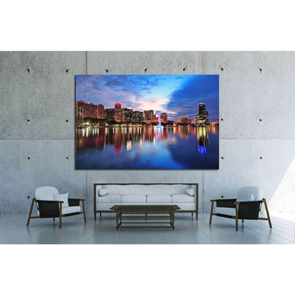 Orlando skyline over Lake Eola at dusk with urban skyscrapers №1671 Ready to Hang Canvas PrintCanvas art arrives ready to hang, with hanging accessories included and no additional framing required. Every canvas print is hand-crafted, made on-demand at our