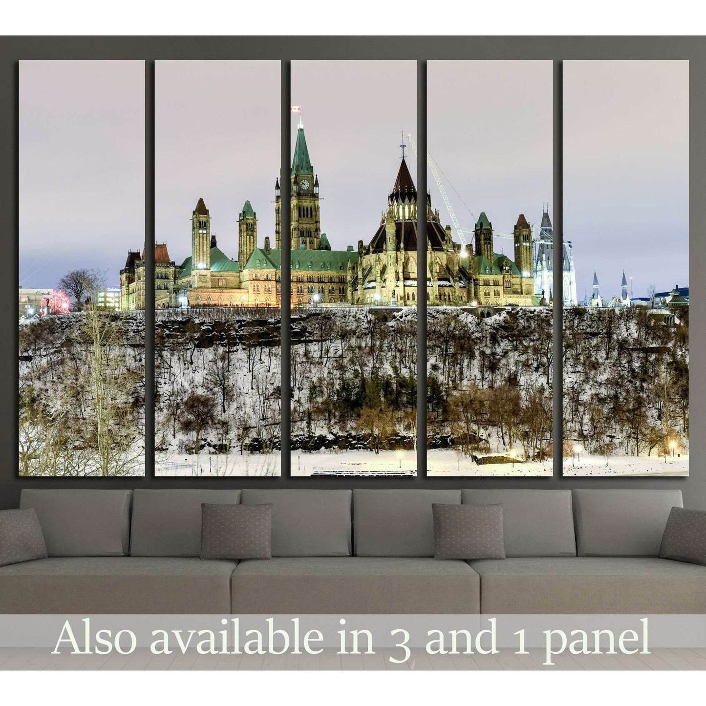 Ottawa Parliament Hill winter night canvas print displayed above a sofa in a modern living room
