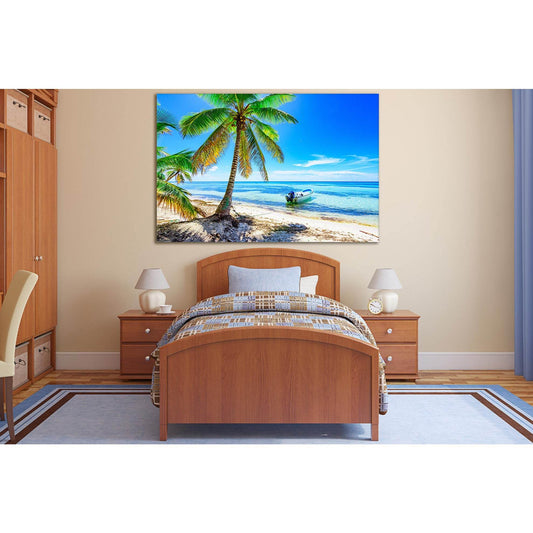 Palm And Boat To The Coast №SL1065 Ready to Hang Canvas Print - Zellart Canvas Prints 0new, ALL_Products, Trees Wall Art