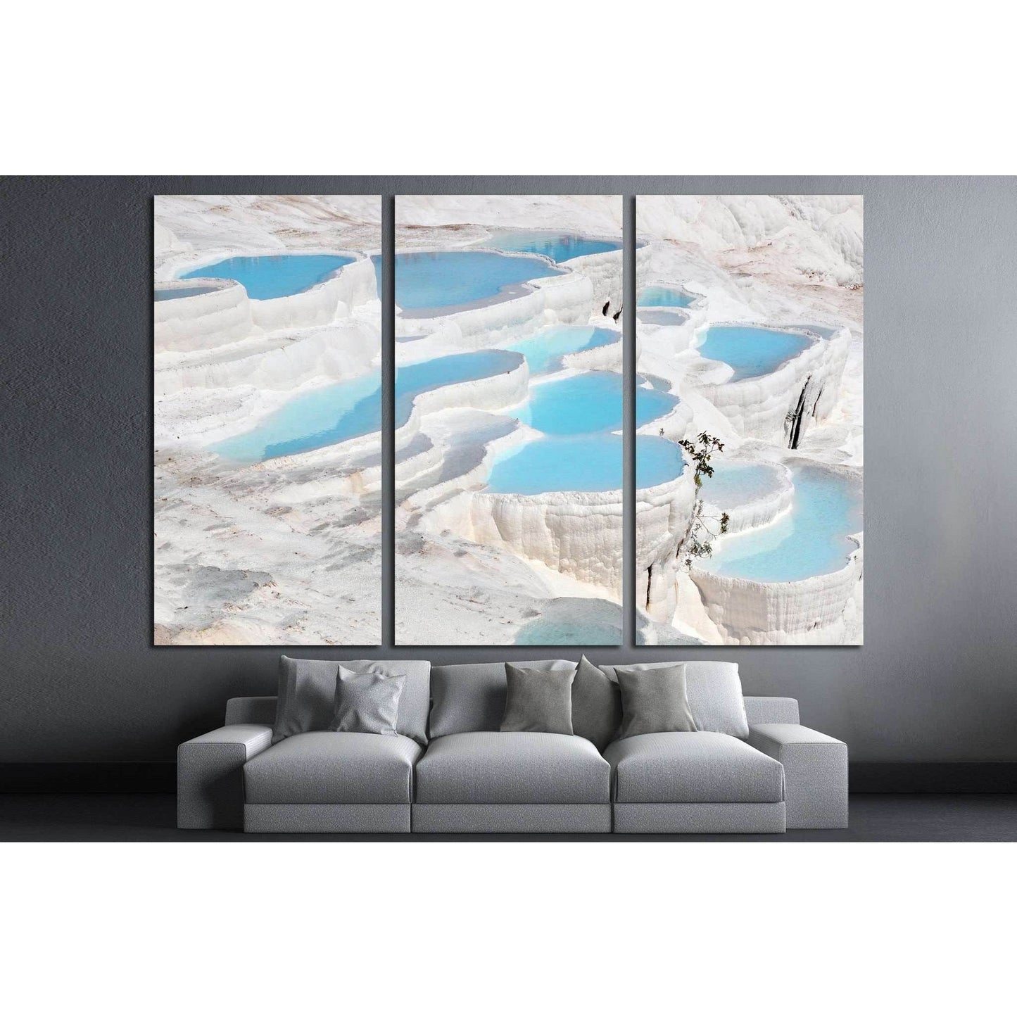 Cascading Blue Pools of Pamukkale Print for Nature-Inspired DecorThis canvas print features the unique natural terraces of Pamukkale in Turkey, known for their mineral-rich thermal waters and striking white limestone. The cascading blue pools create a ser