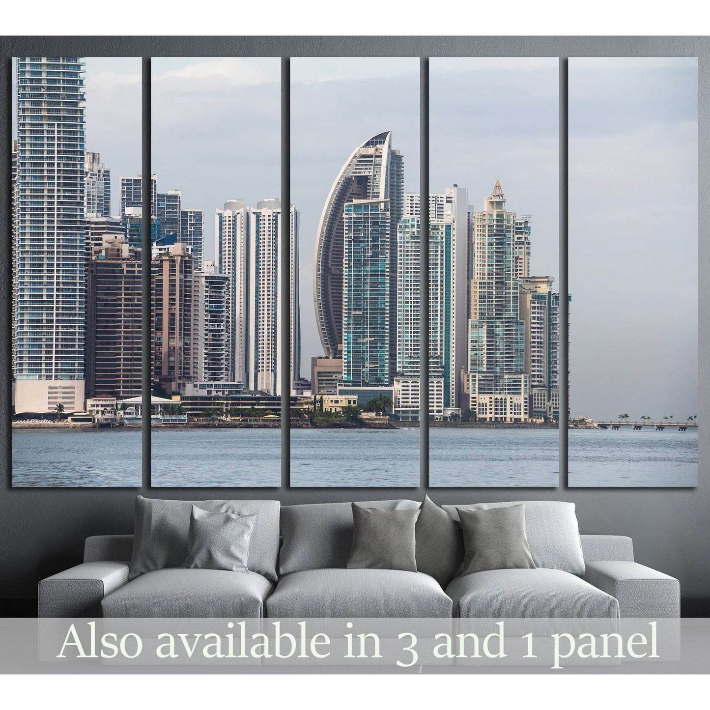 Panama City skyline canvas print above sofa with waterfront skyscrapers seen from Casco Viejo