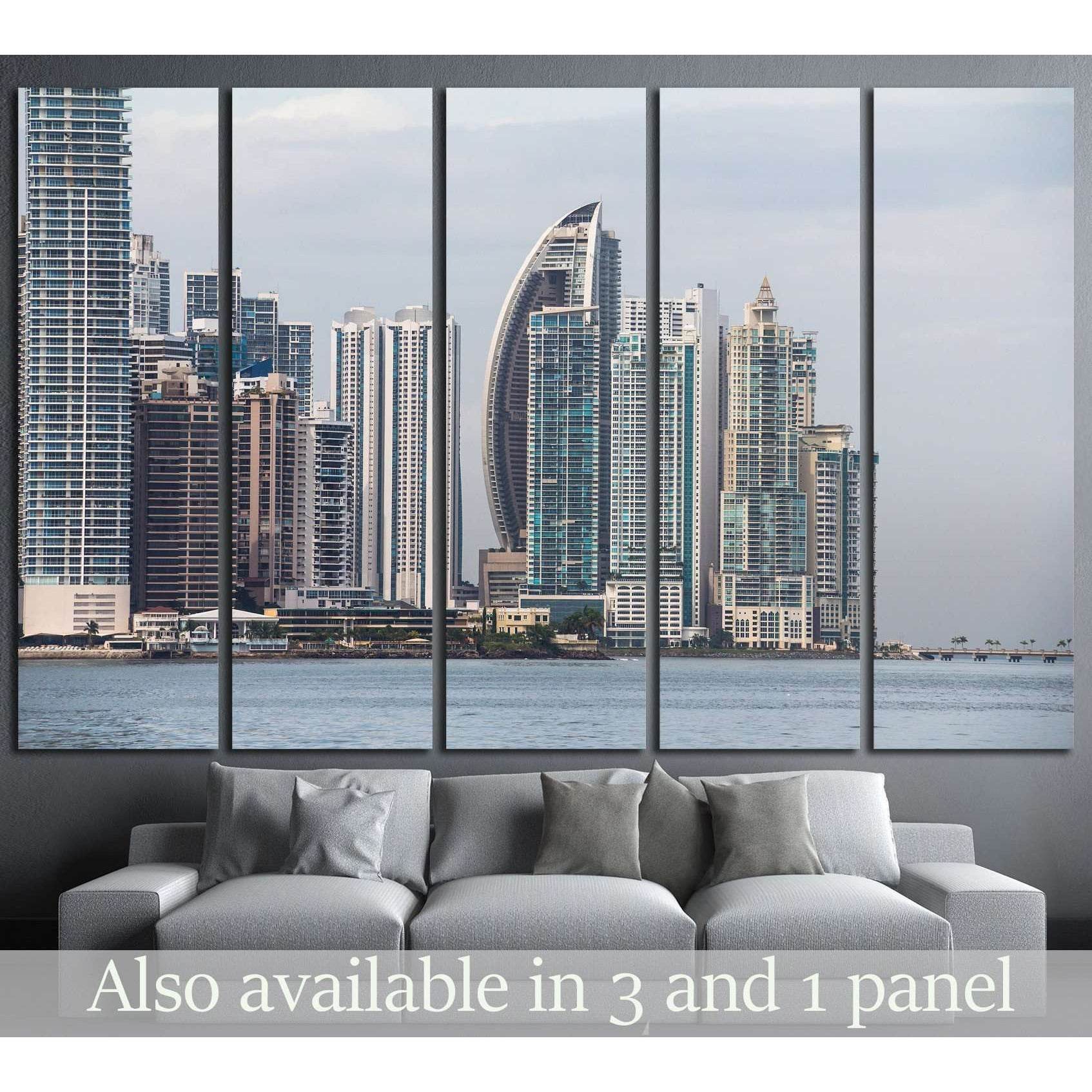 Panama City skyline canvas print above sofa with waterfront skyscrapers seen from Casco Viejo