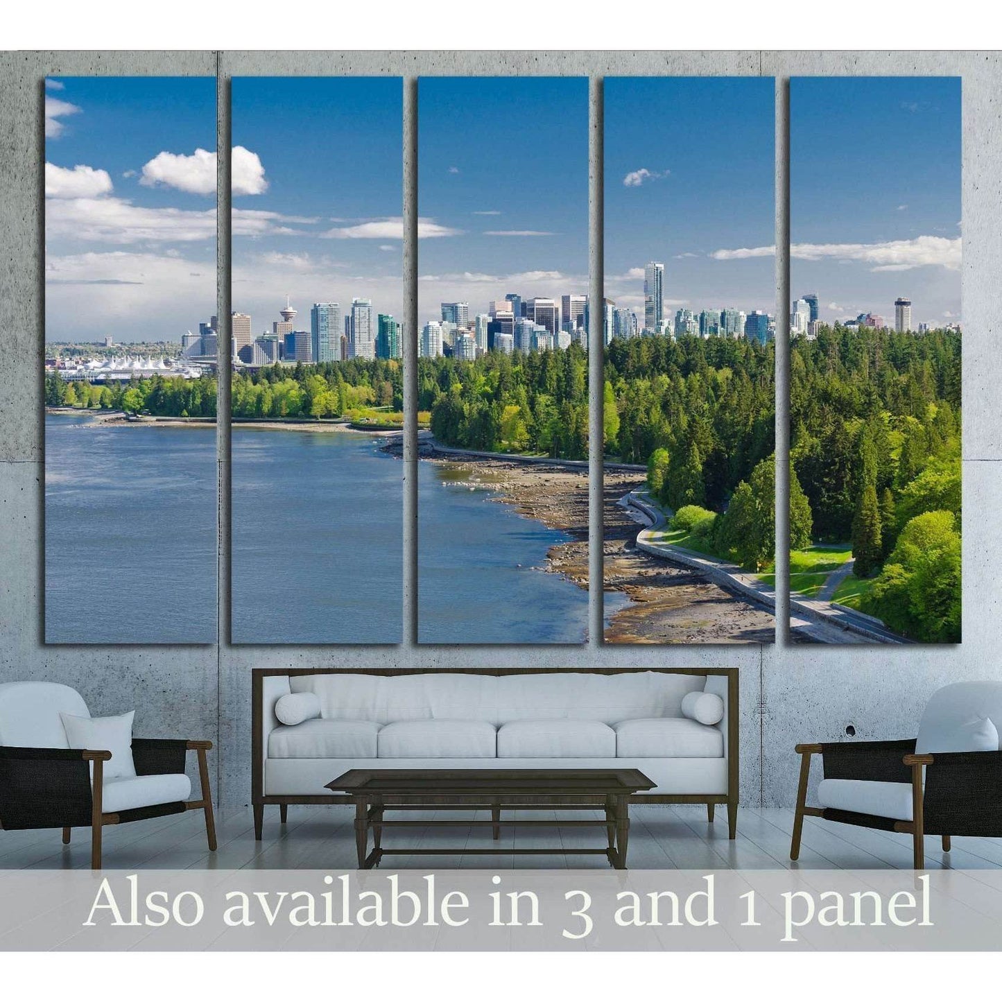Vancouver skyline canvas print above sofa with Stanley Park shoreline and blue harbor panorama