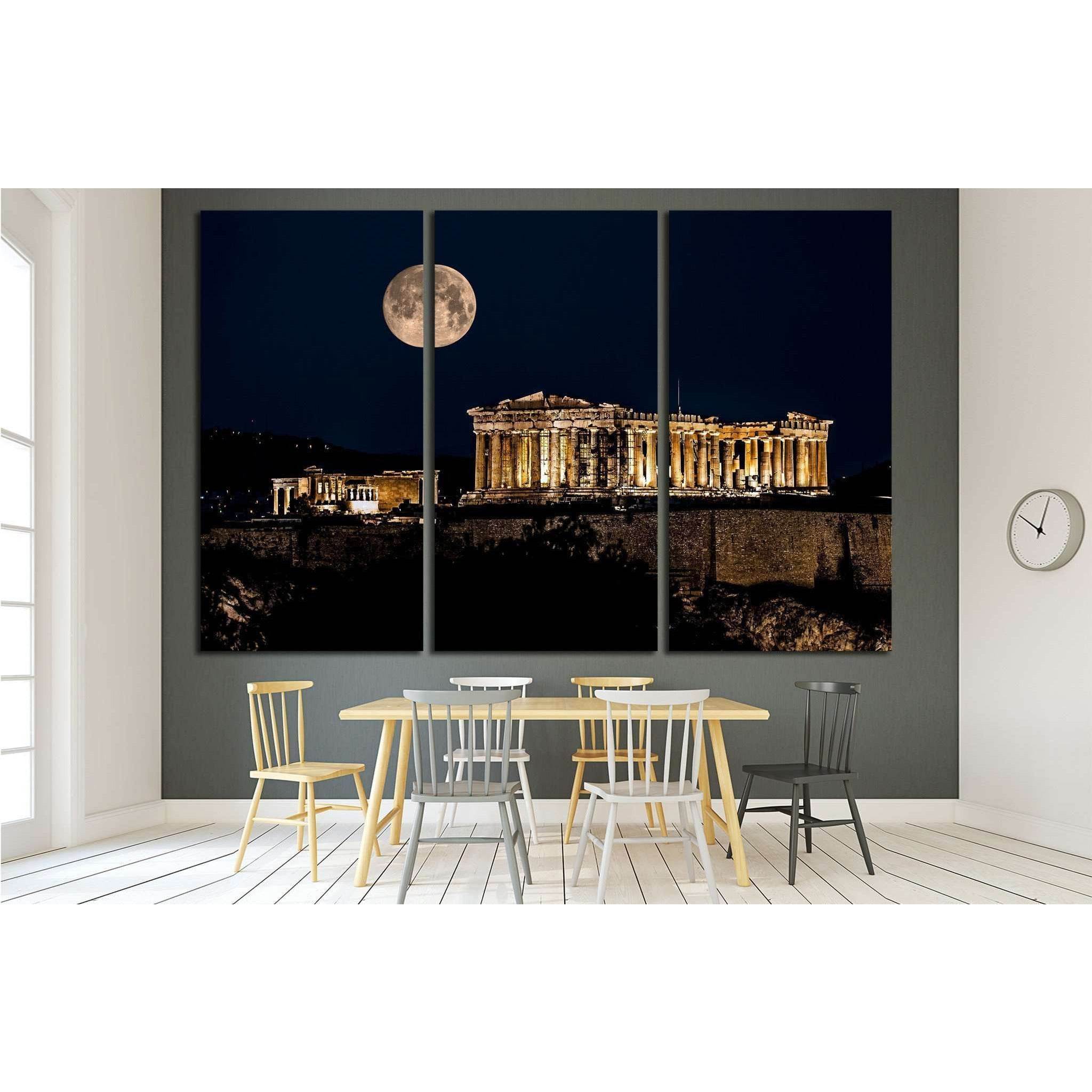 Parthenon of Athens at Night with Full Moon, Greece №2081 Ready to Hang Canvas Print