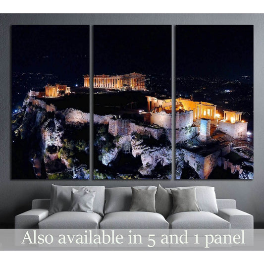 Athens Acropolis night canvas print with the illuminated Parthenon and Propylaia hung above a gray sofa
