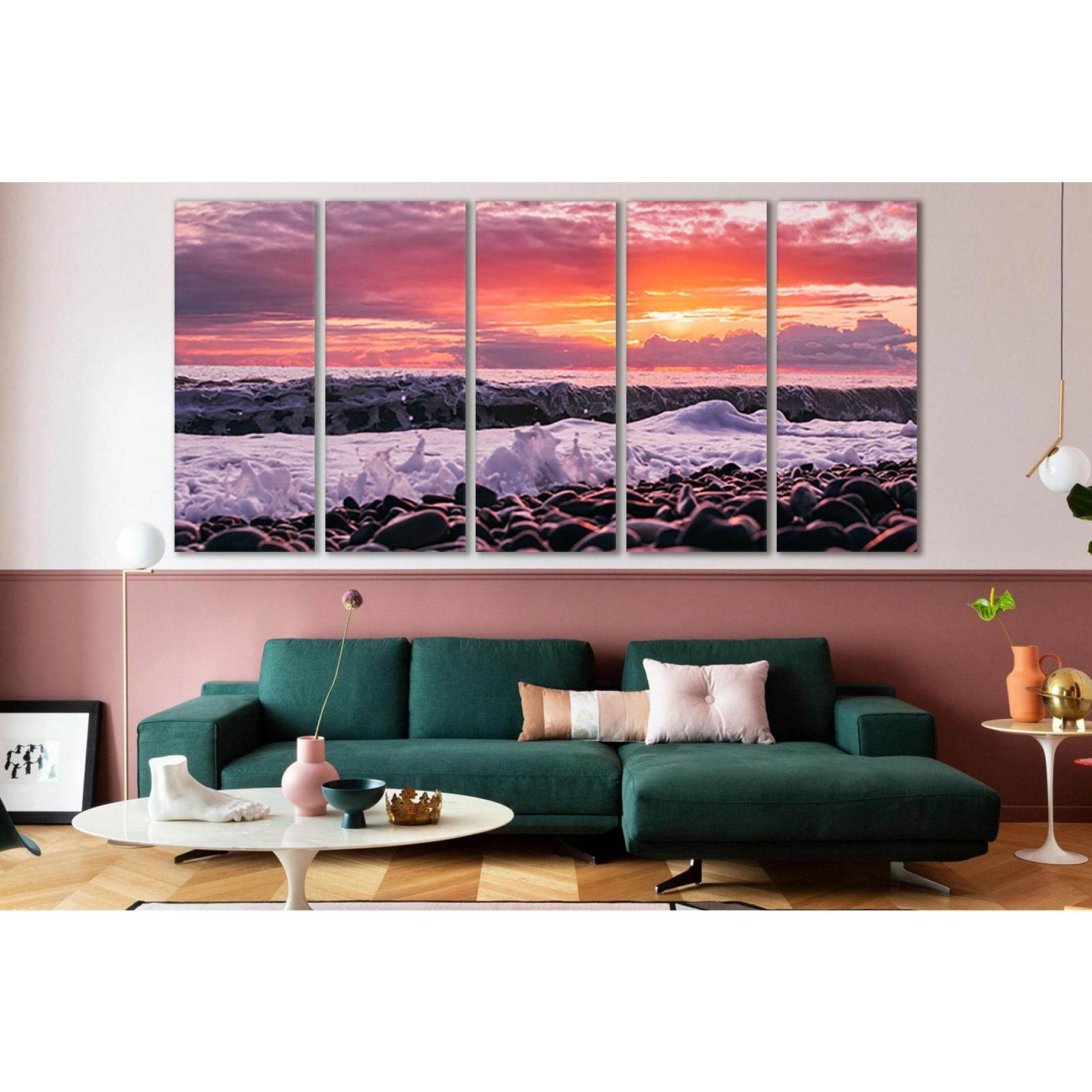 Pebbles Pink Sunset №SL130 Ready to Hang Canvas Print - Zellart Canvas Prints 0new, ALL_Products, Beach Ocean & Waves