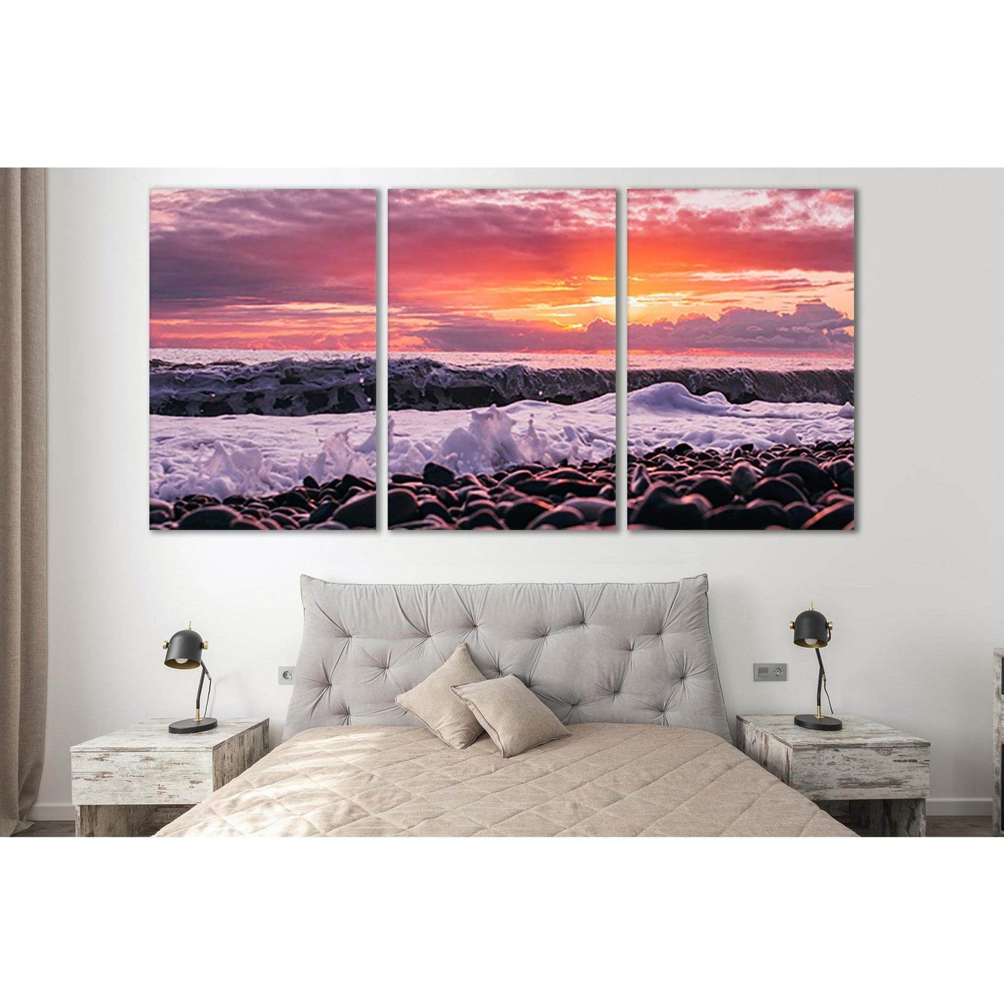 Pebbles Pink Sunset №SL130 Ready to Hang Canvas Print - Zellart Canvas Prints 0new, ALL_Products, Beach Ocean & Waves