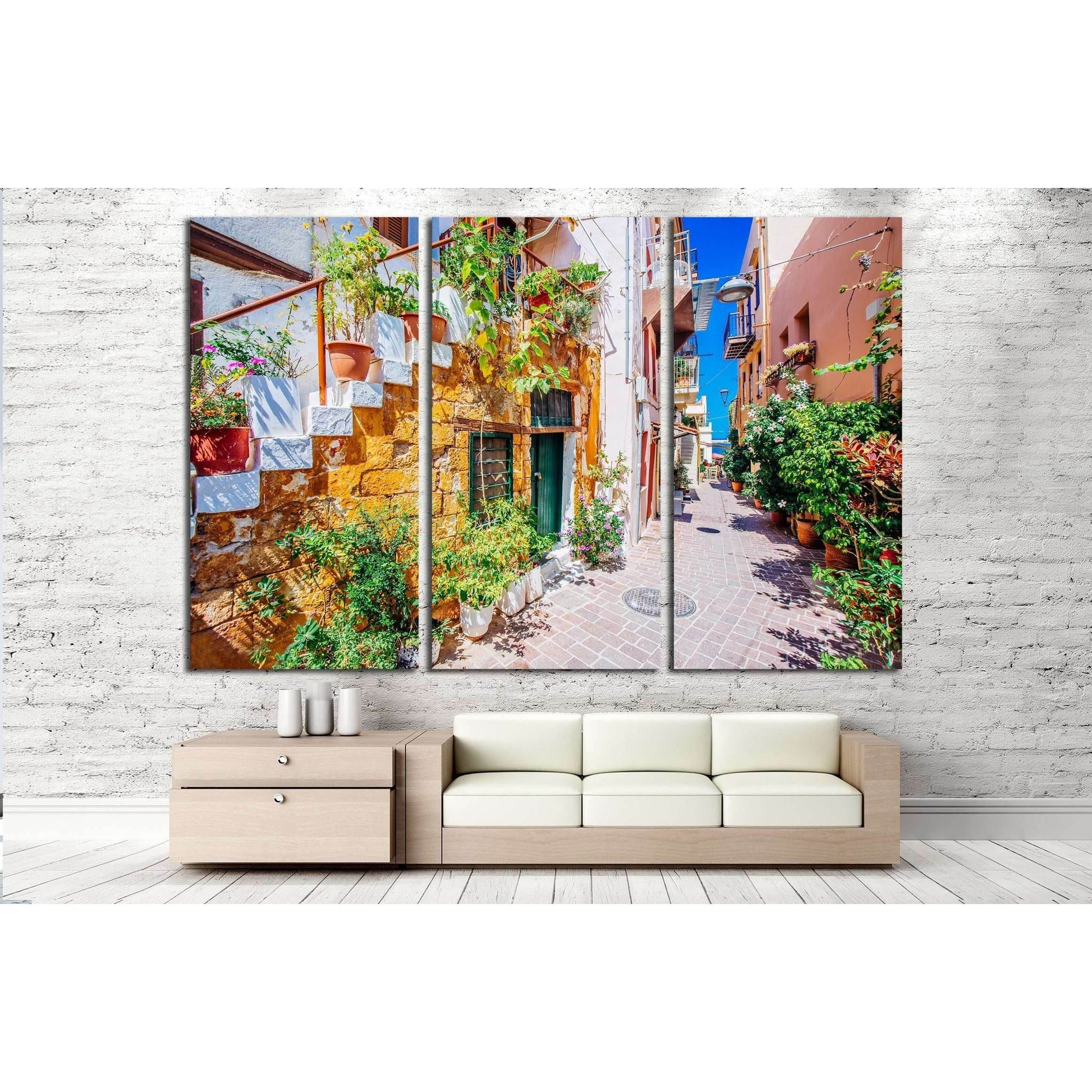 Pictoresque mediterranean street with stairs and flower pots, Chania, island of Crete, Greece №3053 Ready to Hang Canvas Print - Zellart Canvas Prints ALL_Products, s-3053