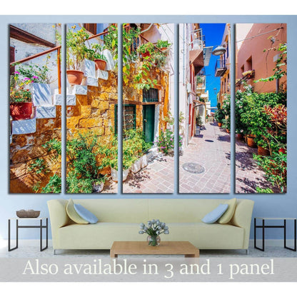 Pictoresque mediterranean street with stairs and flower pots, Chania, island of Crete, Greece №3053 Ready to Hang Canvas Print - Zellart Canvas Prints ALL_Products, s-3053