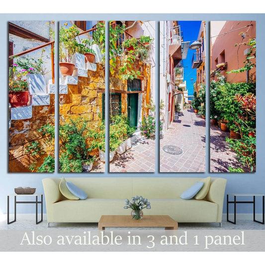 Pictoresque mediterranean street with stairs and flower pots, Chania, island of Crete, Greece №3053 Ready to Hang Canvas Print - Zellart Canvas Prints ALL_Products, s-3053
