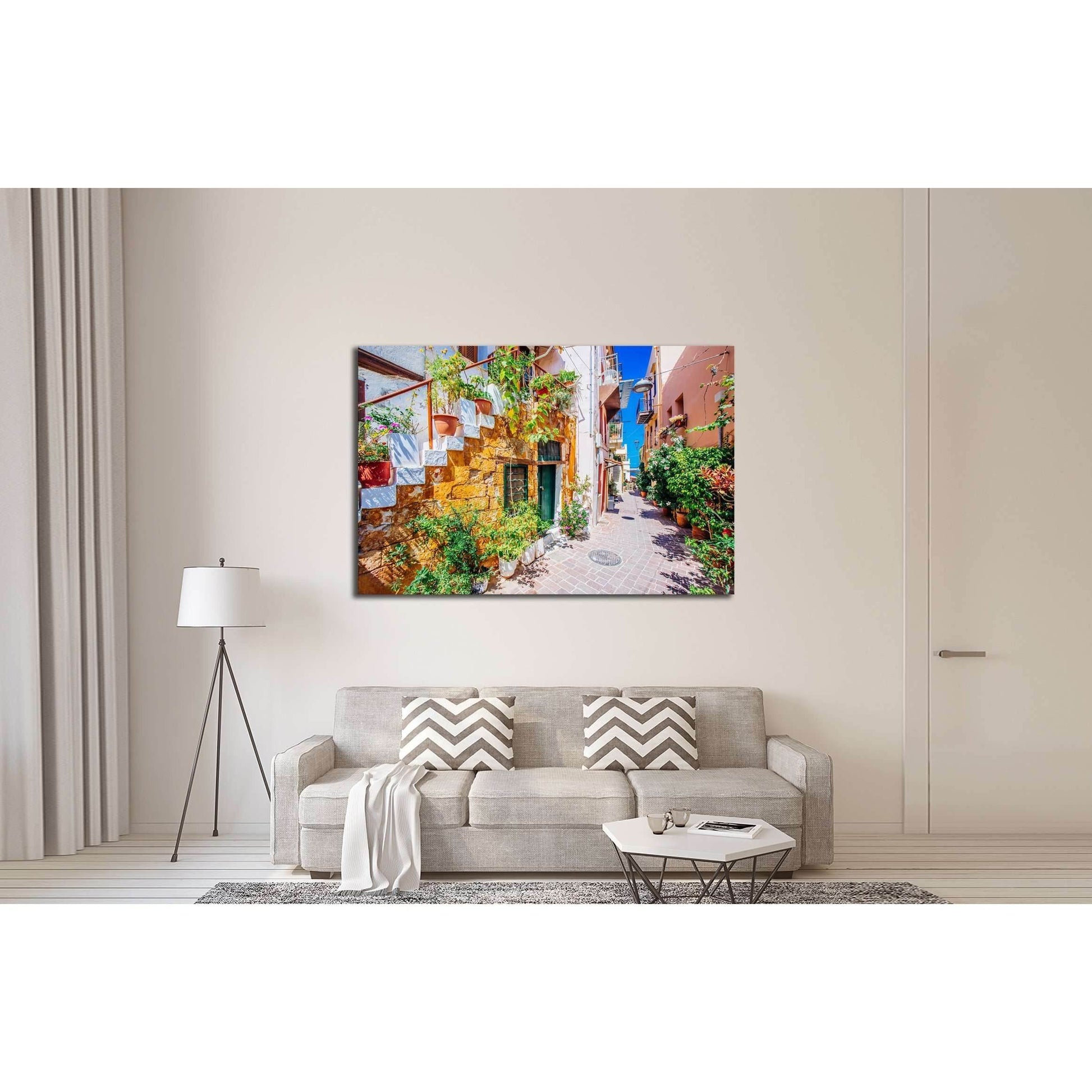Pictoresque mediterranean street with stairs and flower pots, Chania, island of Crete, Greece №3053 Ready to Hang Canvas Print - Zellart Canvas Prints ALL_Products, s-3053