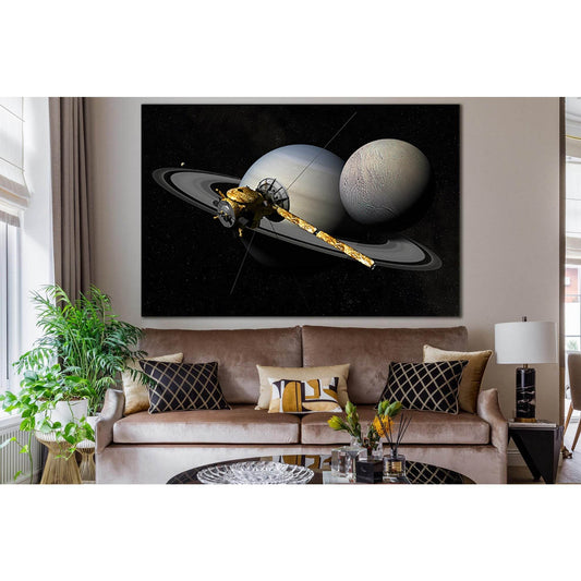 Planet Saturn And Its Satellite №SL979 Ready to Hang Canvas Print - Zellart Canvas Prints 0new, ALL_Products, Astronomy & Space Canvas Wall Art
