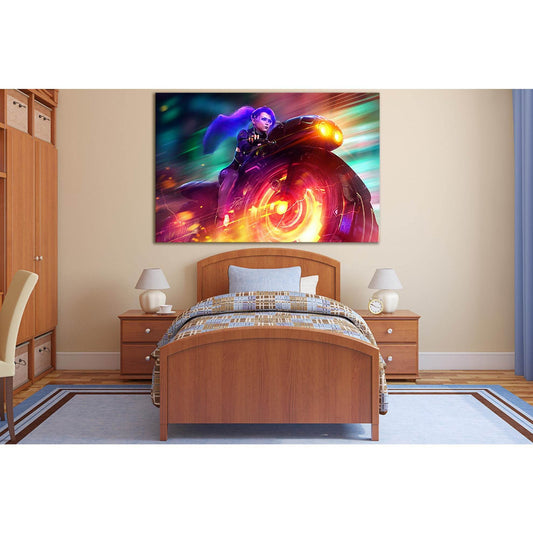 Pretty Girl Rides A Motorcycle №SL1246 Ready to Hang Canvas Print - Zellart Canvas Prints 0new, ALL_Products, Fantasy And Sci Fi Wall Art