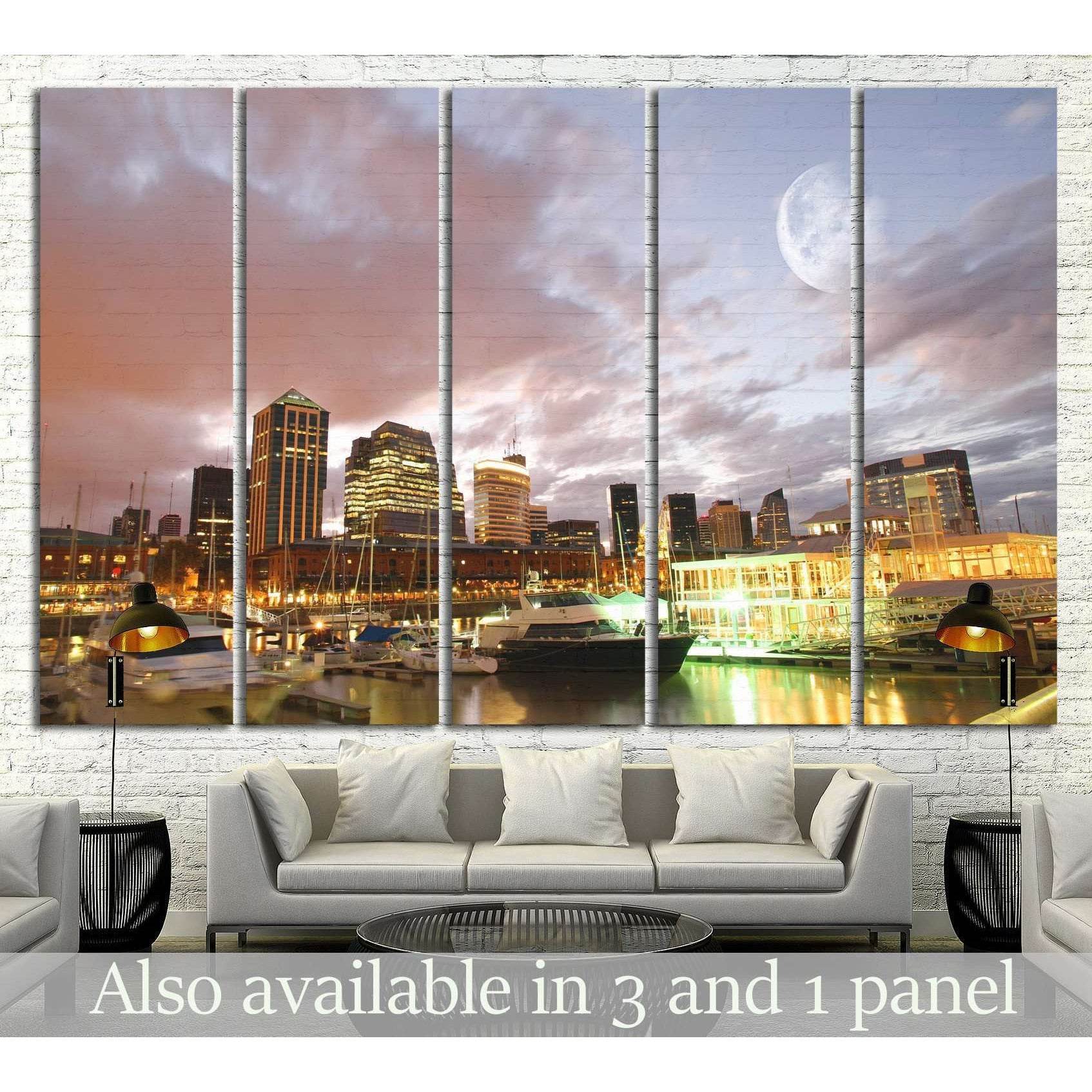 Puerto Madero Buenos Aires skyline canvas print above sofa with marina at pink dusk