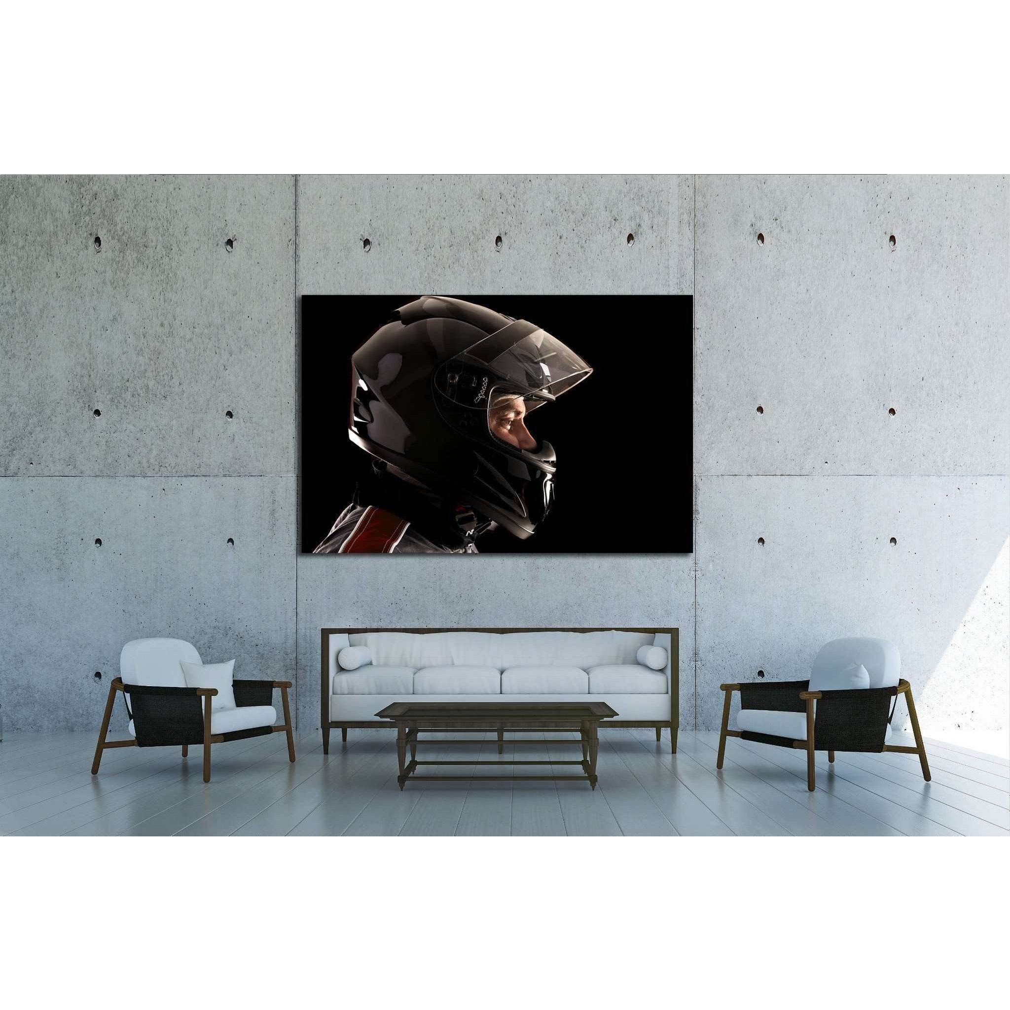 Racing driver posing with helmet isolated in black №1873 Ready to Hang Canvas Print