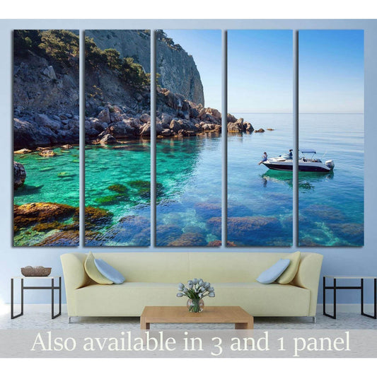Recreation on the boat near the shore of a beautiful mountain №1409 Ready to Hang Canvas PrintCanvas art arrives ready to hang, with hanging accessories included and no additional framing required. Every canvas print is hand-crafted, made on-demand at our