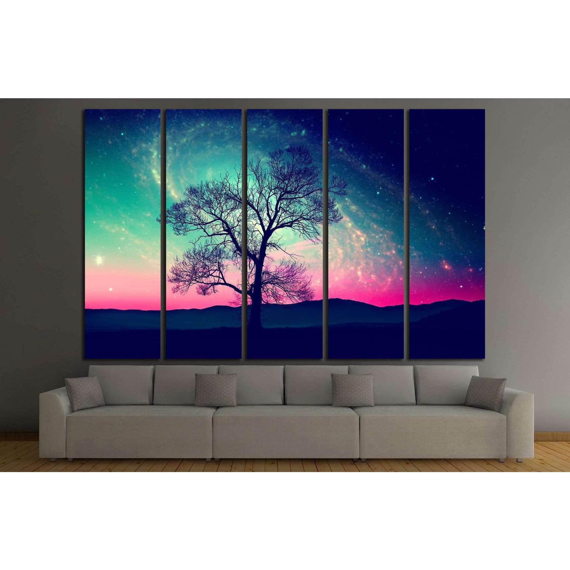 Cosmic Twilight Silhouette Canvas Print for Stellar Home DecorThis canvas print captures the ethereal beauty of a cosmic twilight with a lone tree silhouetted against a star-studded sky. The fusion of celestial wonder and earthly solitude makes it a profo