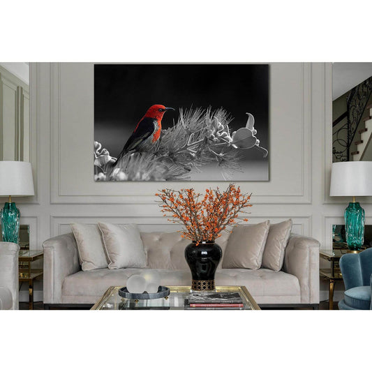 Red Bird On A Flower Black And White №SL848 Ready to Hang Canvas Print - Zellart Canvas Prints 0new, ALL_Products, Black & White Wall Art