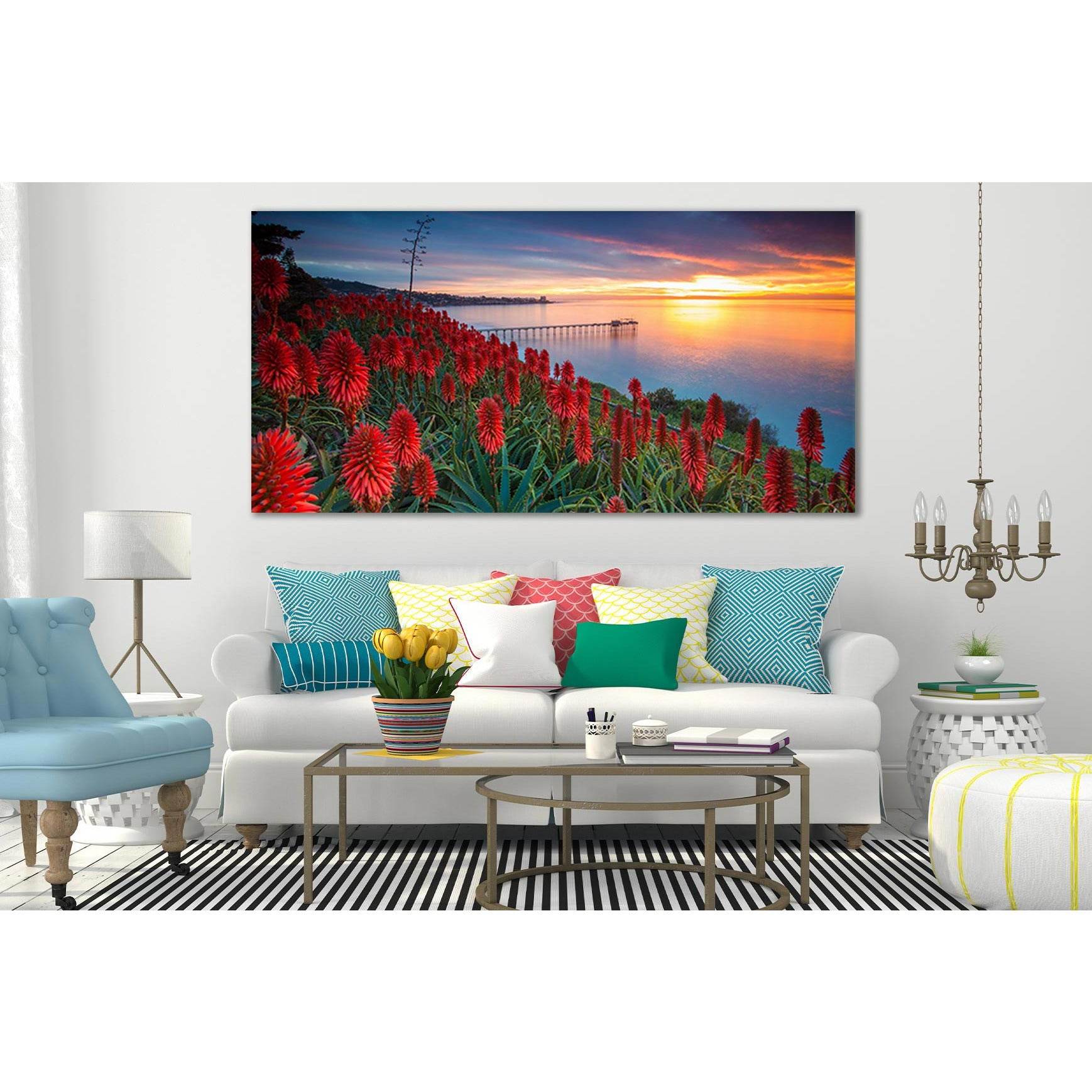 Red Flowers Pier Sunset №SL234 Ready to Hang Canvas Print - Zellart Canvas Prints 0new, ALL_Products, SUNRISE & SUNSET WALL ART