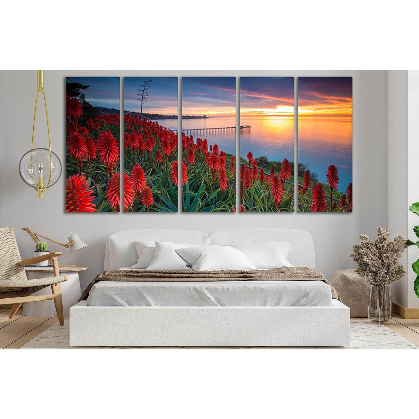 Red Flowers Pier Sunset №SL234 Ready to Hang Canvas Print - Zellart Canvas Prints 0new, ALL_Products, SUNRISE & SUNSET WALL ART