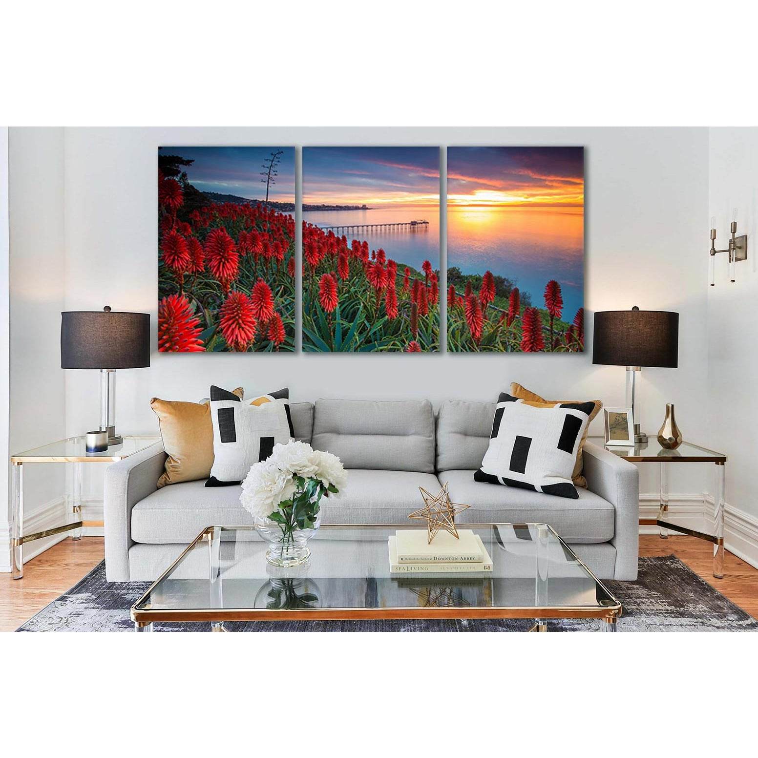 Red Flowers Pier Sunset №SL234 Ready to Hang Canvas Print - Zellart Canvas Prints 0new, ALL_Products, SUNRISE & SUNSET WALL ART