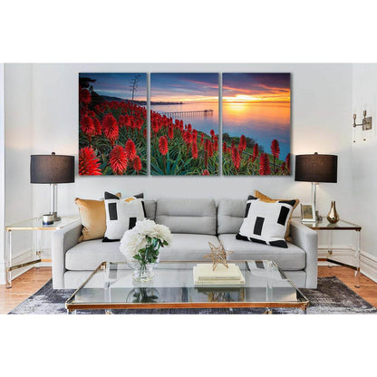 Red Flowers Pier Sunset №SL234 Ready to Hang Canvas Print - Zellart Canvas Prints 0new, ALL_Products, SUNRISE & SUNSET WALL ART
