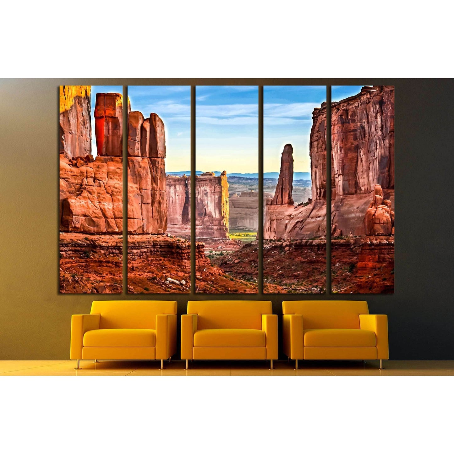 Majestic Sandstone Cliffs Wall Art for Rustic Interior ThemesThis canvas print beautifully captures the rugged grandeur of desert rock formations under a clear sky. The rich, warm hues of the rocks are striking against the expansive view, making it an exc