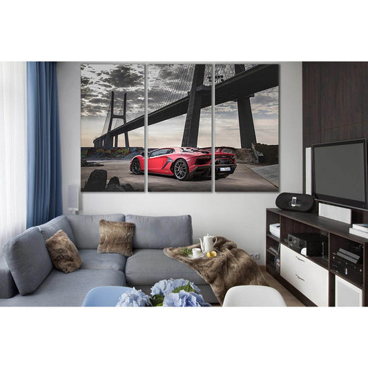 Red Sports Car Near The Bridge №SL1127 Ready to Hang Canvas Print - Zellart Canvas Prints 0new, ALL_Products, Bridges Wall Art