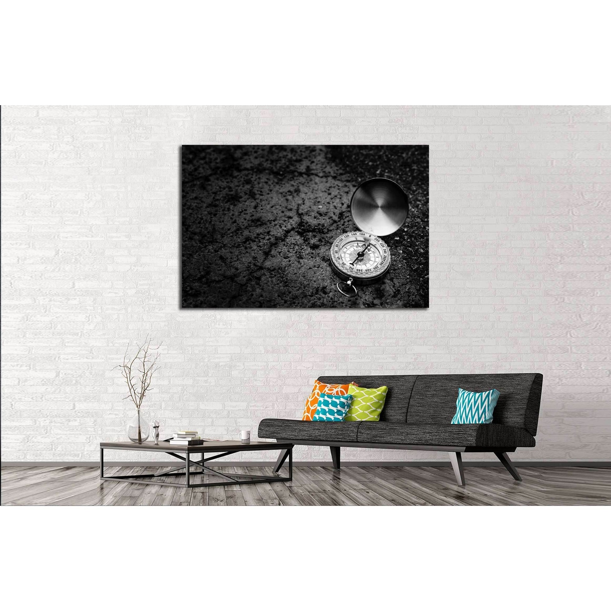 Retro compass on road texture background, black and white tone, journey of life concept №2817 Ready to Hang Canvas Print - Zellart Canvas Prints ALL_Products, s-2817