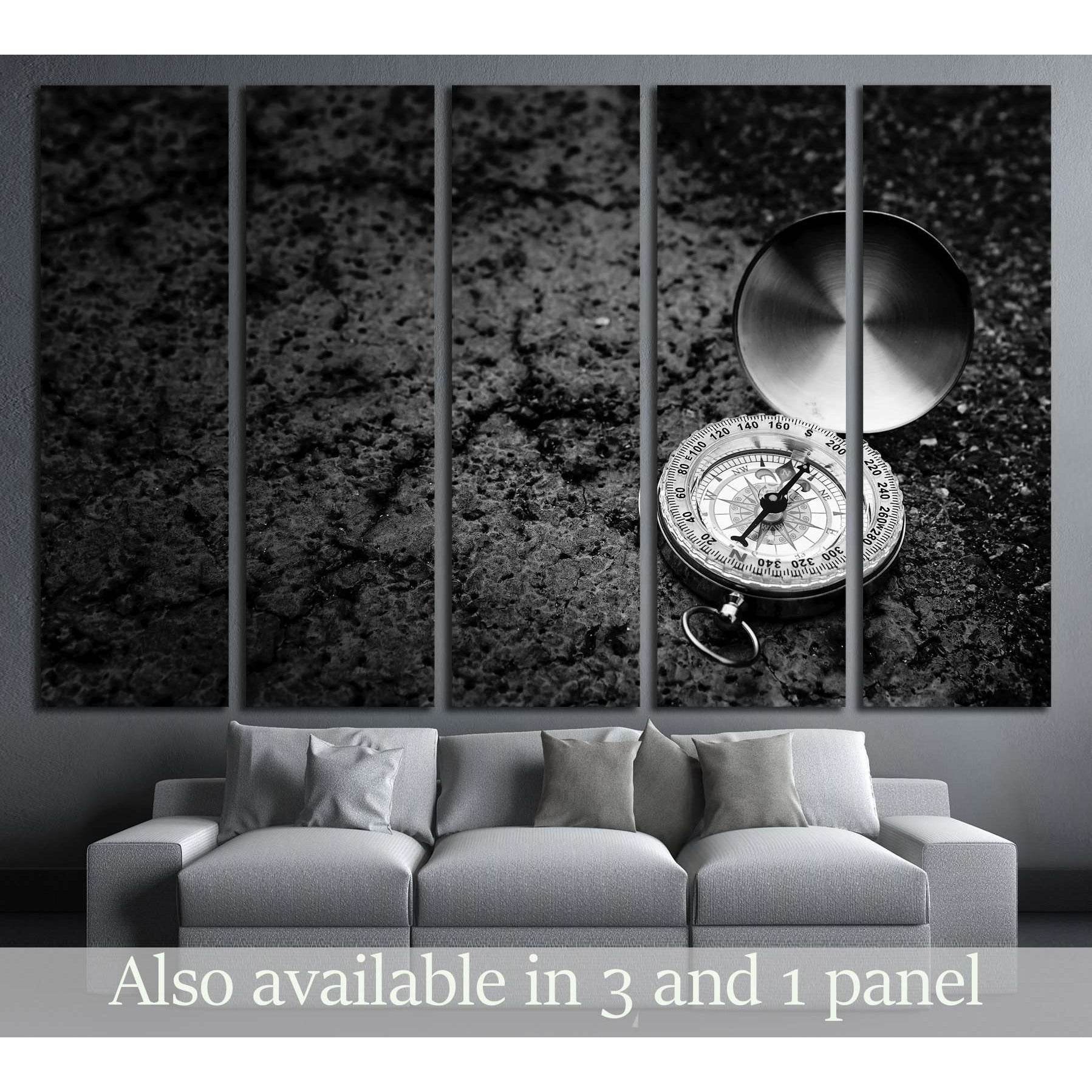 Retro compass on road texture background, black and white tone, journey of life concept №2817 Ready to Hang Canvas Print - Zellart Canvas Prints ALL_Products, s-2817