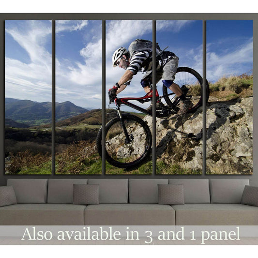 Mountain biker descending rocky trail canvas print above sofa in modern living room
