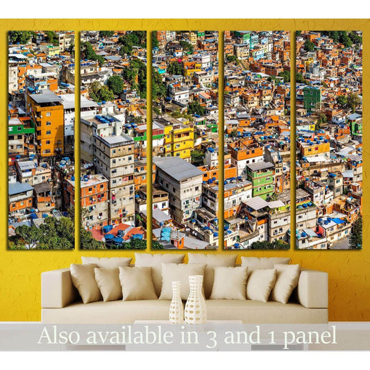 Rio Rocinha favela canvas print with colorful hillside homes displayed above a sofa in a modern living room