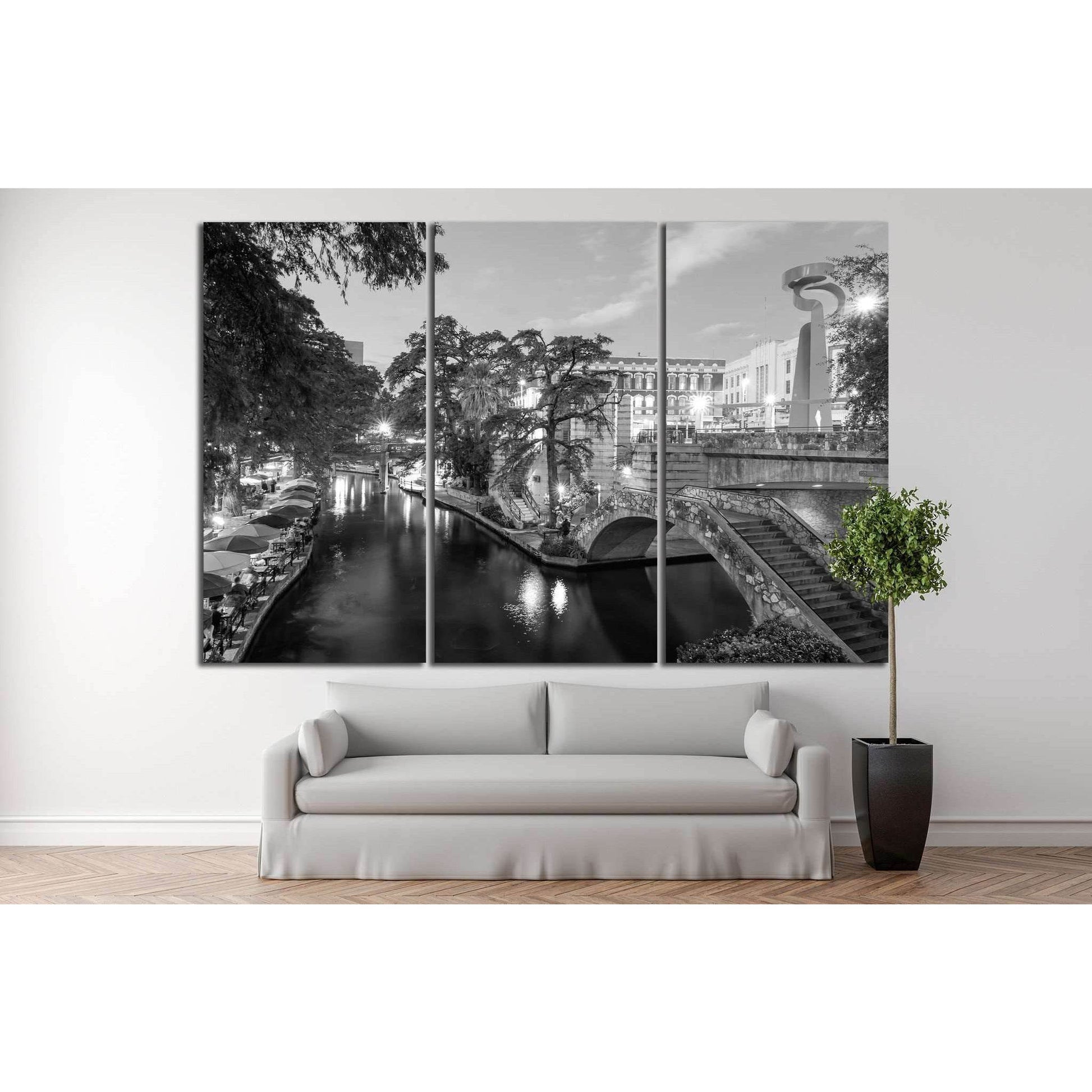 River Walk in San Antonio, Texas №996 Ready to Hang Canvas PrintThis canvas print presents a serene monochrome cityscape featuring a tranquil canal, lined with historic architecture and lush trees. The reflection of the urban elements on the water's surfa