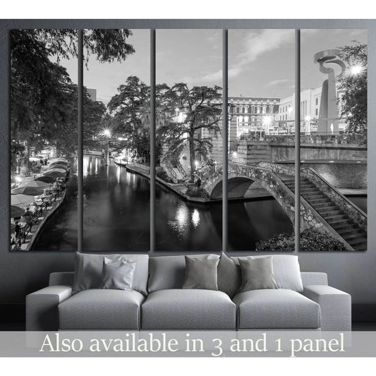 River Walk in San Antonio, Texas №996 Ready to Hang Canvas PrintThis canvas print presents a serene monochrome cityscape featuring a tranquil canal, lined with historic architecture and lush trees. The reflection of the urban elements on the water's surfa