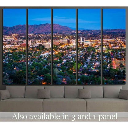 Riverside skyline canvas print with Mount Rubidoux at twilight above sofa in modern living room