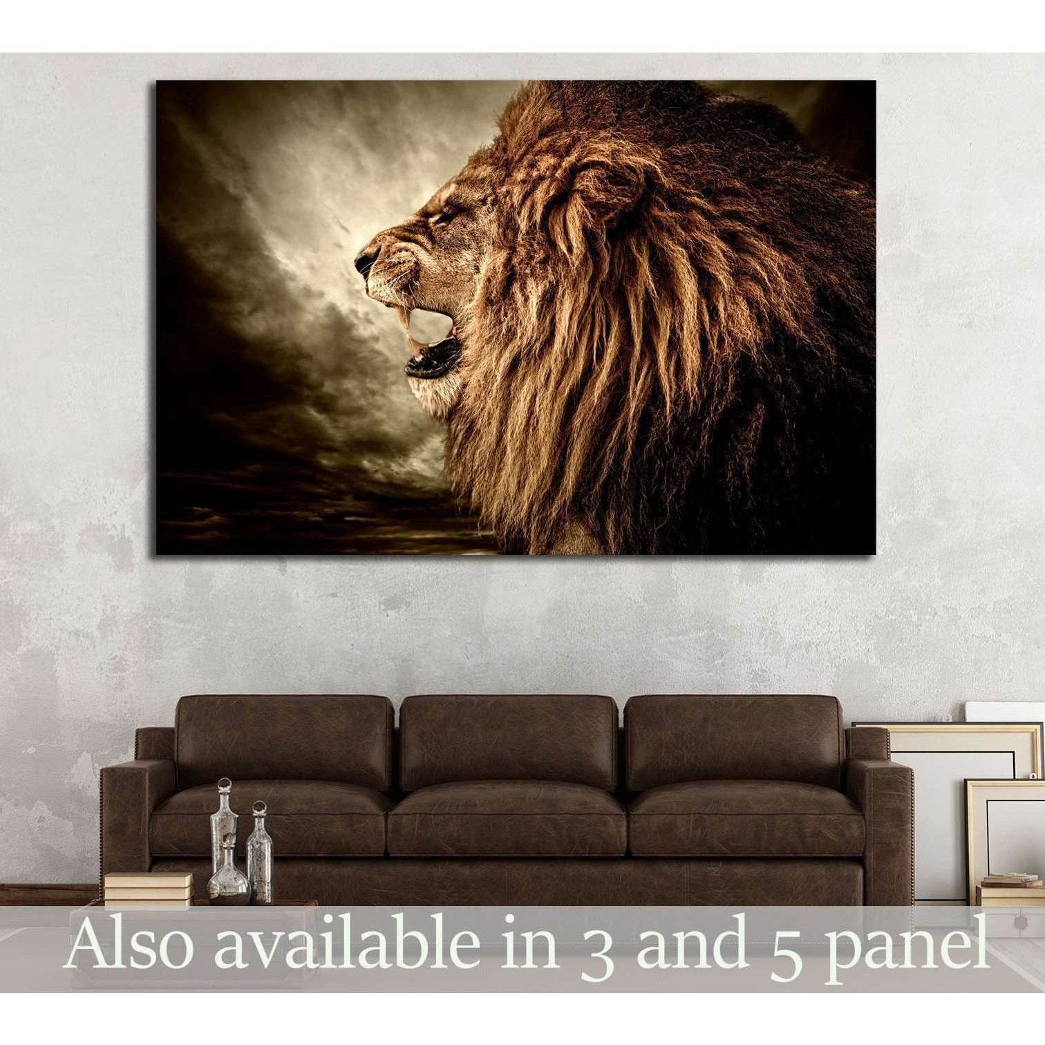 Roaring lion against stormy sky №1844 Ready to Hang Canvas Print