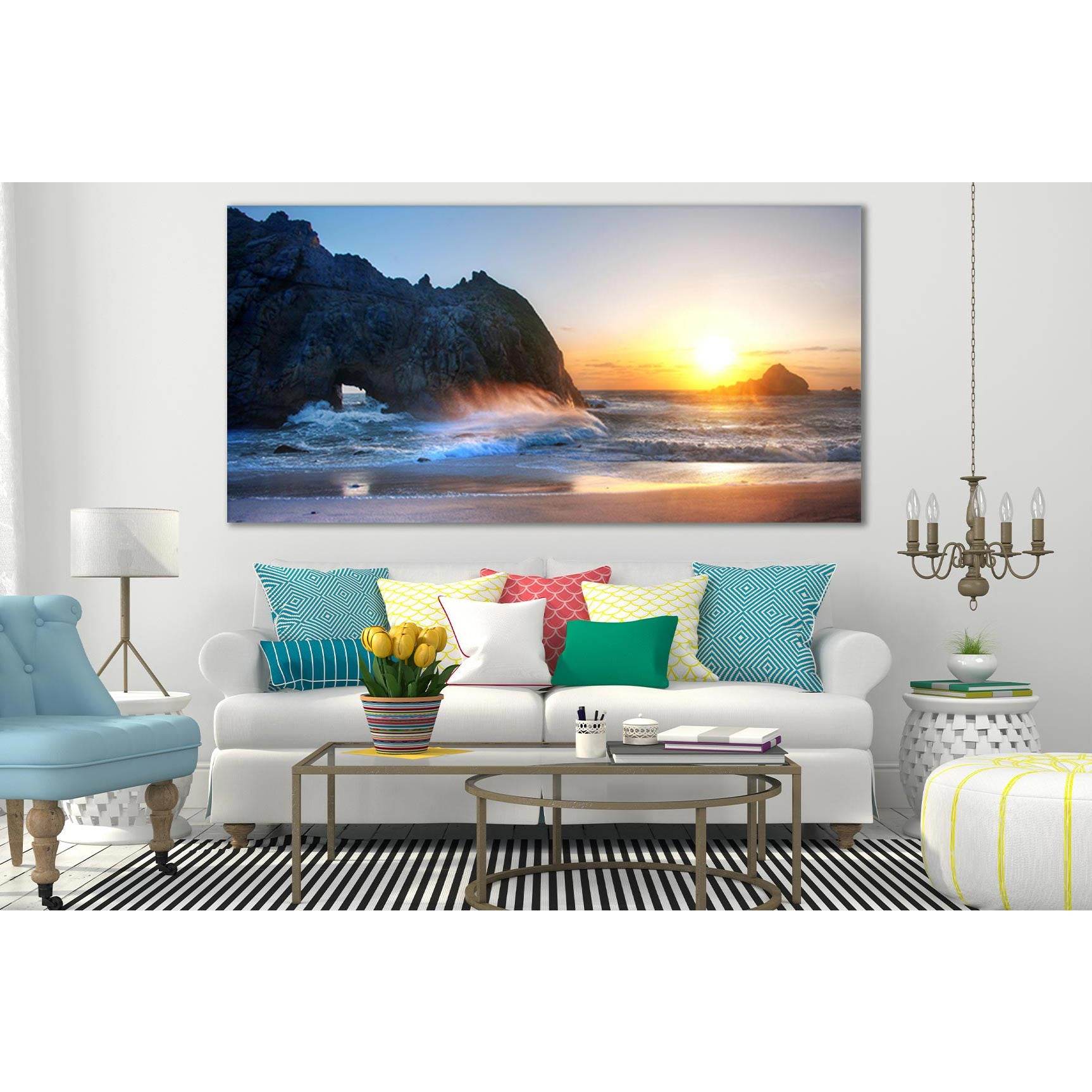 Rocks Waves Beach Sunset №SL255 Ready to Hang Canvas Print - Zellart Canvas Prints 0new, ALL_Products, SUNRISE & SUNSET WALL ART