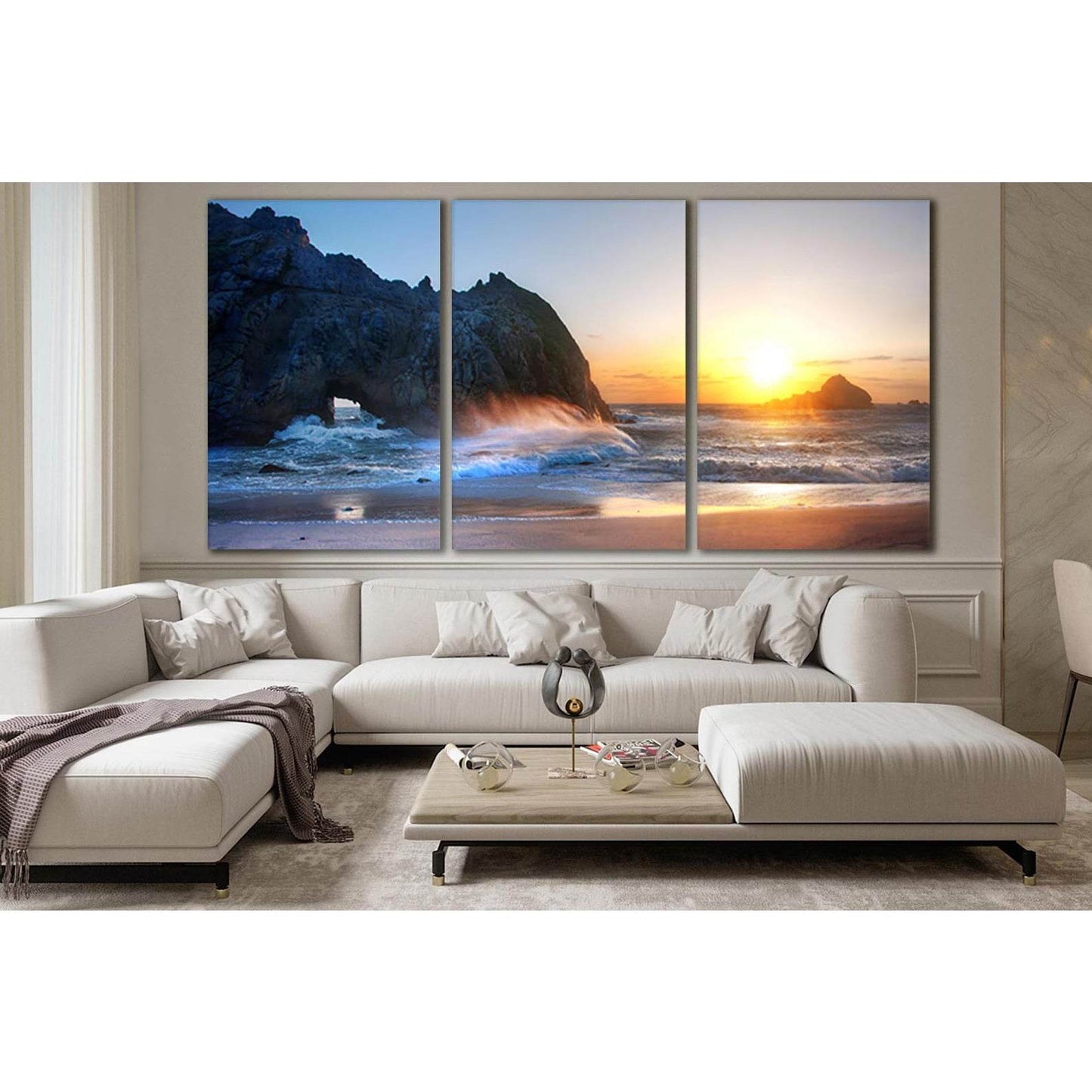 Rocks Waves Beach Sunset №SL255 Ready to Hang Canvas Print - Zellart Canvas Prints 0new, ALL_Products, SUNRISE & SUNSET WALL ART
