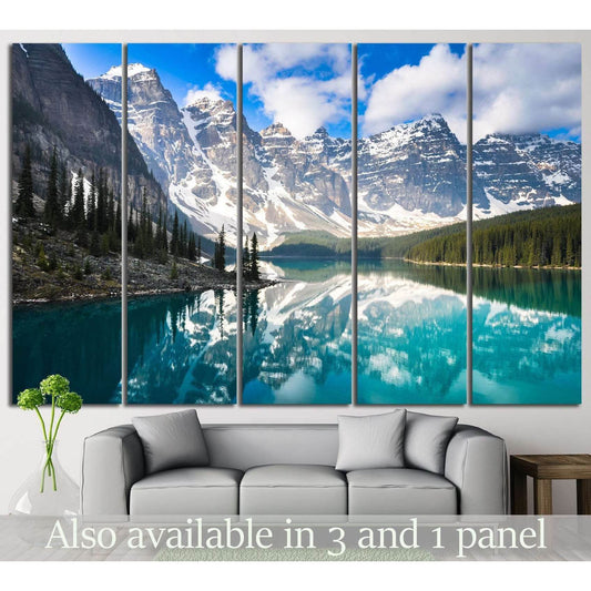 Mountain Lake Reflection Canvas Print for Peaceful Home DecorThis canvas print features a breathtaking view of a mountain lake, where the crystal-clear turquoise waters reflect the majestic snow-capped peaks and lush green forests. The stunning natural be