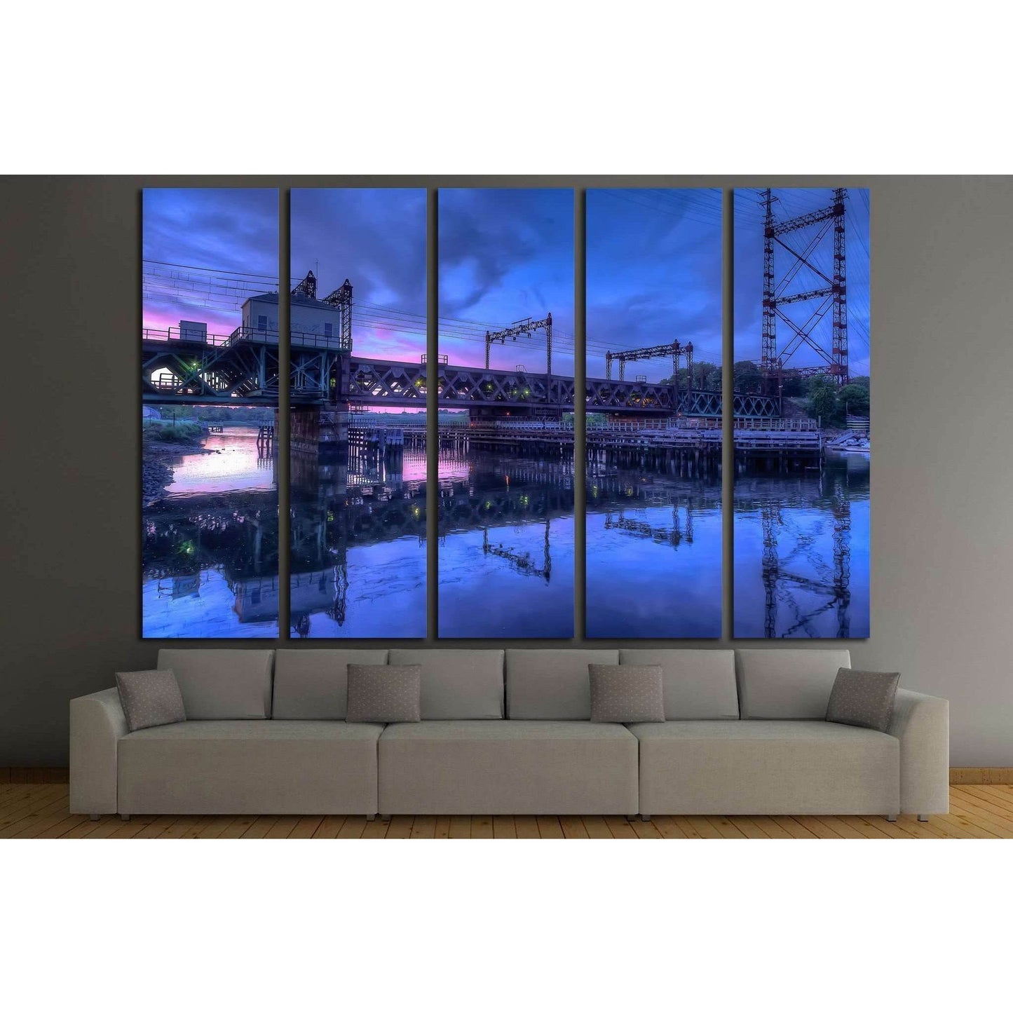 Rusty train bridge going over the harbor under a pink sunset №2062 Ready to Hang Canvas Print - Zellart Canvas Prints ALL_Products, s-2062
